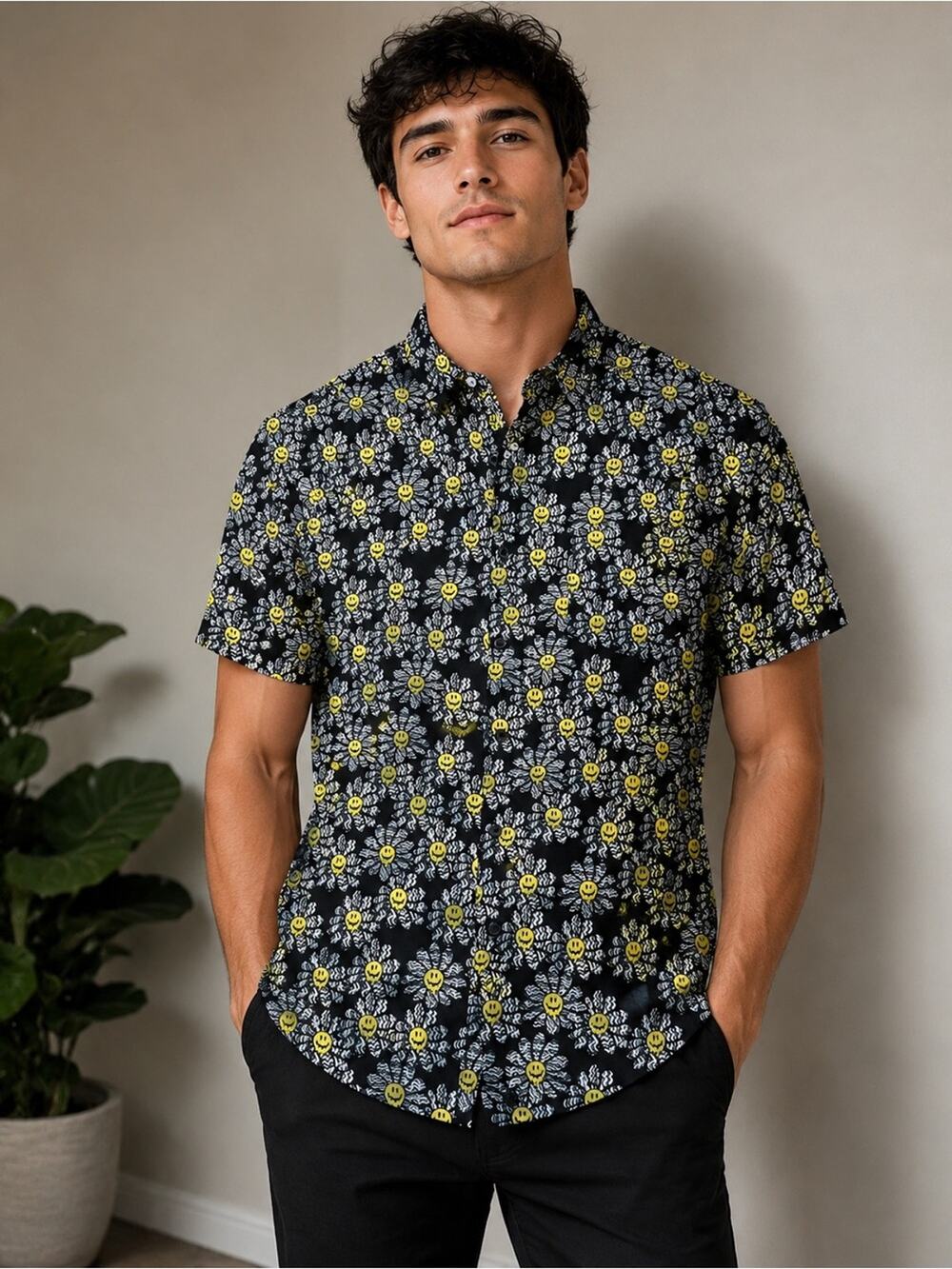 Molokai Surf Co. Smiley Daisy Button-Up Shirt Men’s Medium Black Short Sleeve